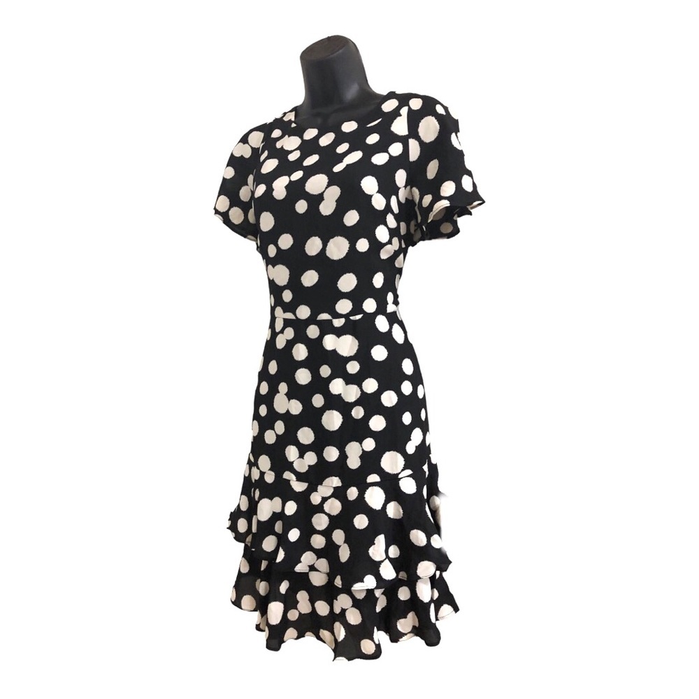 Nicole miller studio black oversize polka dot flutter hem flirty dress size 2